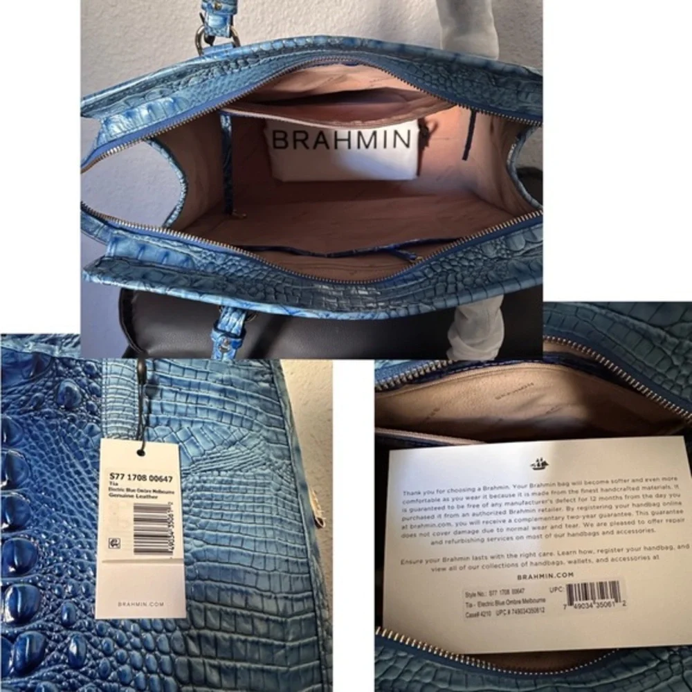 NWT BRAHMIN TIA ELECTRIC BLUE OMBRE MELBOURNE CROC-EMBOSSED LEATHER SATCHEL‎